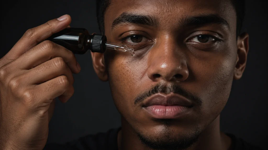 Close cinematico focado na mão de um homem segurando um frasco minimalista de sérum com conta-gotas, aplicando o produto na área abaixo dos olhos mostrando como eliminar olheiras masculinas, com iluminação moody e dramática.