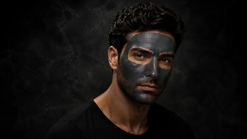 Homem com o rosto coberto por uma máscara facial de argila escura, exemplificando o tratamento de choque semanal para desobstrução dos poros.