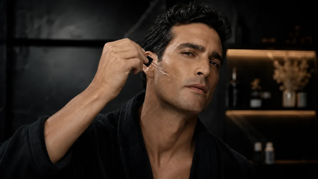 Homem aplicando sérum facial em um ambiente sofisticado, representando o início da rotina de skincare masculina de alta performance.