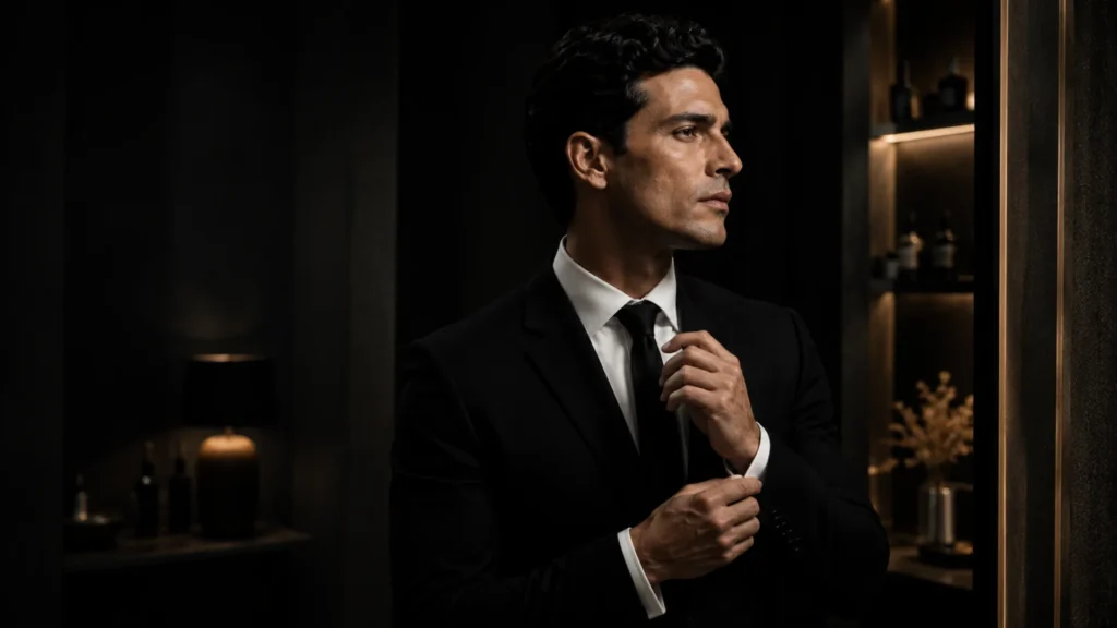 Homem confiante e bem-vestido com pele impecável, refletindo o resultado da consistência em uma rotina de autocuidado de elite.