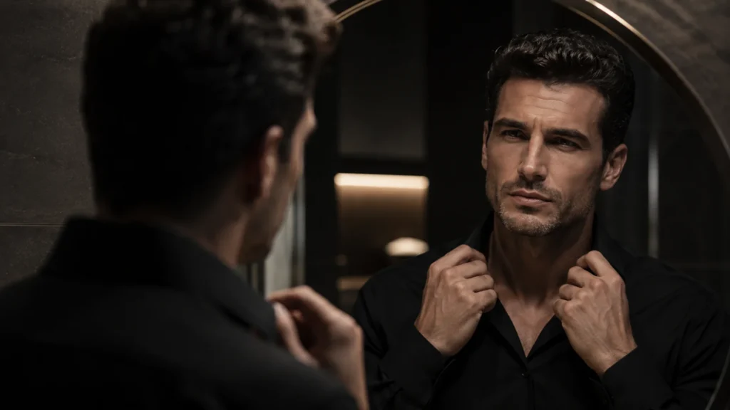 Homem refletido no espelho fazendo o diagnóstico visual do teste prático de 60 minutos para descobrir seu tipo de pele.