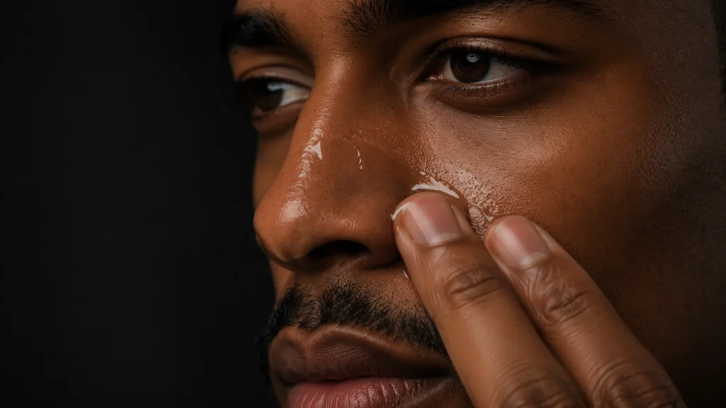 Detalhe das pontas dos dedos aplicando um gel transparente na área do nariz para desobstruir poros dilatados e tratar a textura áspera da pele masculina.