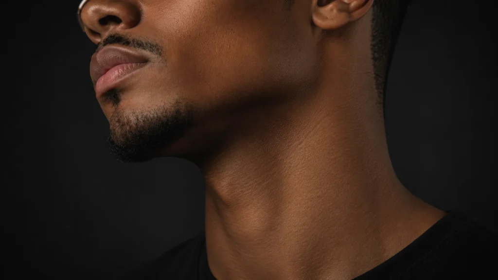 Rosto de um homem com a barba milimetricamente desenhada e o pescoço liso, ilustrando o resultado definitivo de como acabar com a foliculite na barba usando um protocolo clínico.