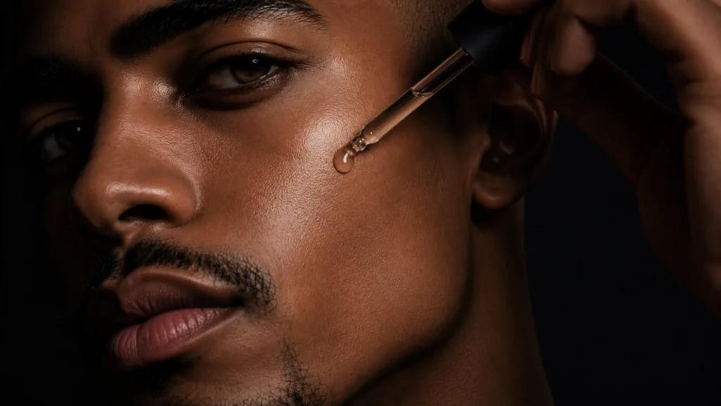 Homem aplicando cuidadosamente uma gota de sérum anti-idade no rosto, demonstrando como usar retinol corretamente.
