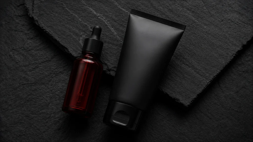 Frasco de sérum de retinol e tubo de protetor solar sobre fundo escuro minimalista, os produtos essenciais para o skincare masculino anti-idade.