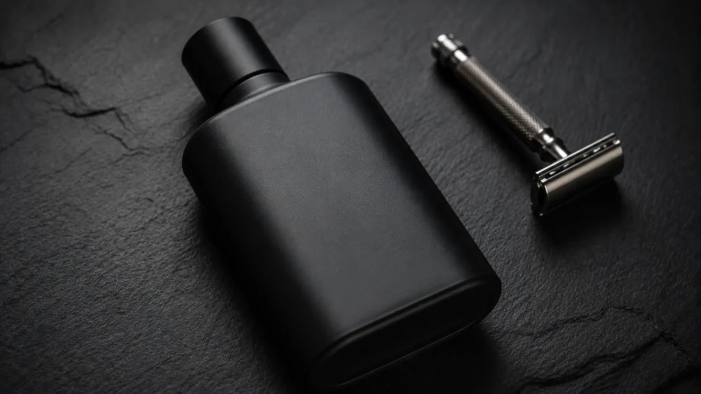 Fotografia minimalista no estilo flat lay sobre pedra escura, exibindo um frasco de loção pós-barba tática e um aparelho de barbear de metal premium ao fundo.