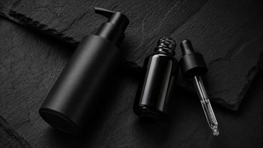 Fotografia de produto estilo flat lay sobre pedra escura, exibindo dois frascos clínicos genéricos representando os melhores produtos para cravos e poros.