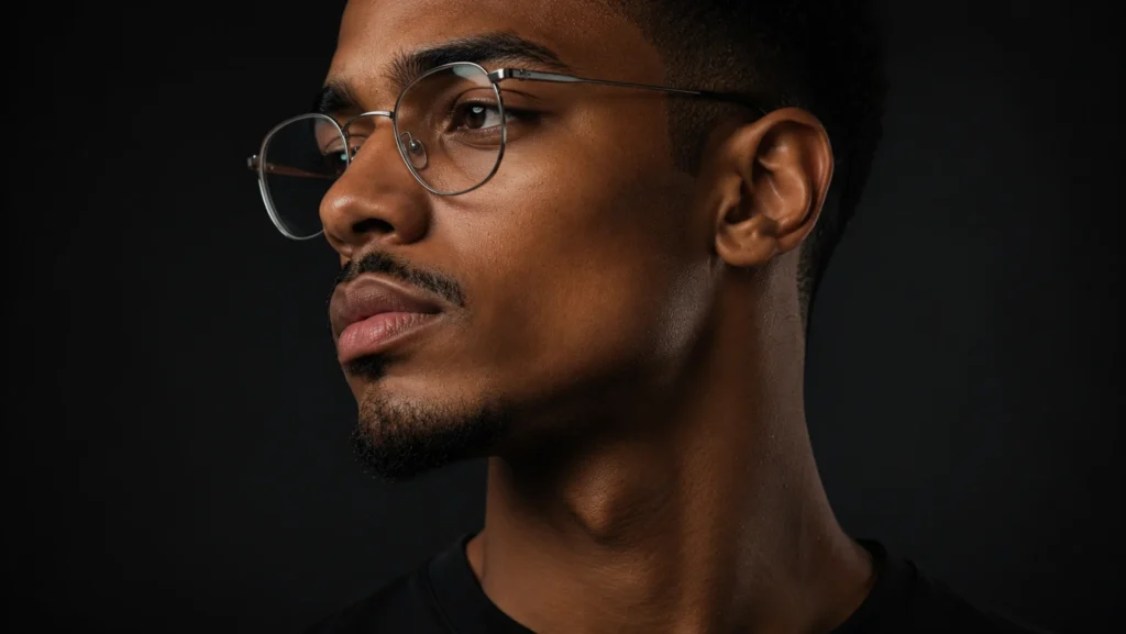 Retrato de perfil de um homem negro confiante usando óculos de grau, com a pele do rosto e pescoço impecavelmente tratada, sem manchas e sem irritação após o barbear.
