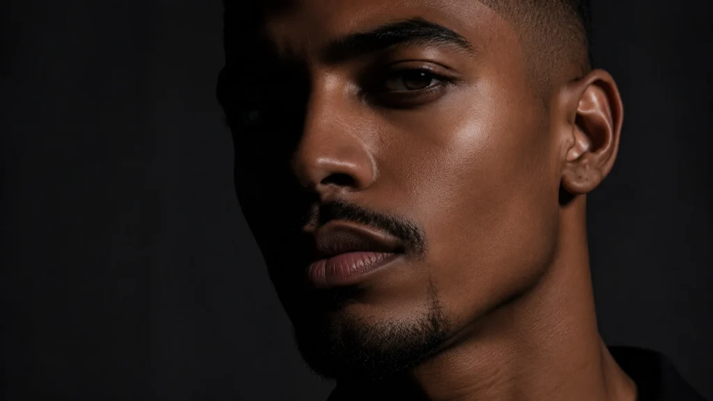 Retrato cinematográfico de um homem com pele firme e saudável, representando os resultados do uso de retinol para homens no tratamento anti-idade.