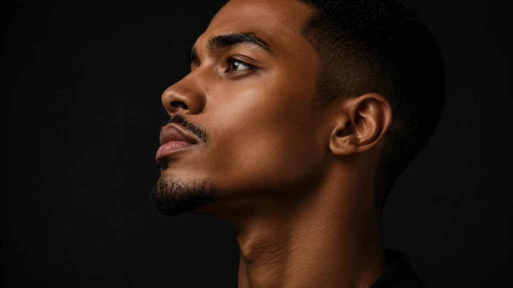 Retrato de perfil de um homem negro confiante, demonstrando uma pele do rosto perfeitamente matte (opaca), refinada e sem brilho de oleosidade após o protocolo.