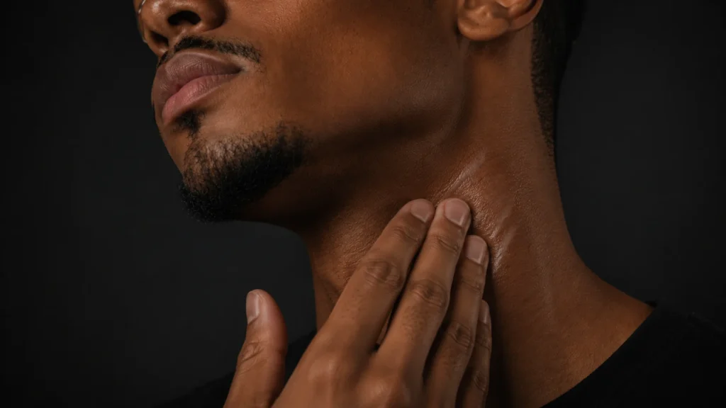 Detalhe da mão de um homem negro aplicando suavemente uma loção pós-barba calmante na área do pescoço para hidratar a pele e prevenir pelos encravados.