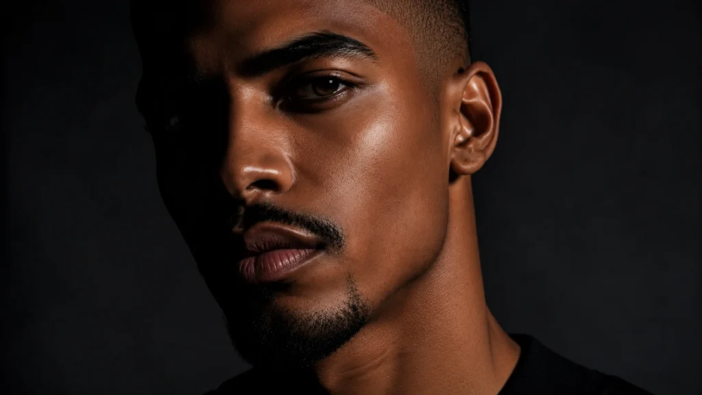 Jovem negro de pele uniforme, iluminada por luz dramática, representando o sucesso do protocolo de como apagar manchas de espinhas no rosto masculino.