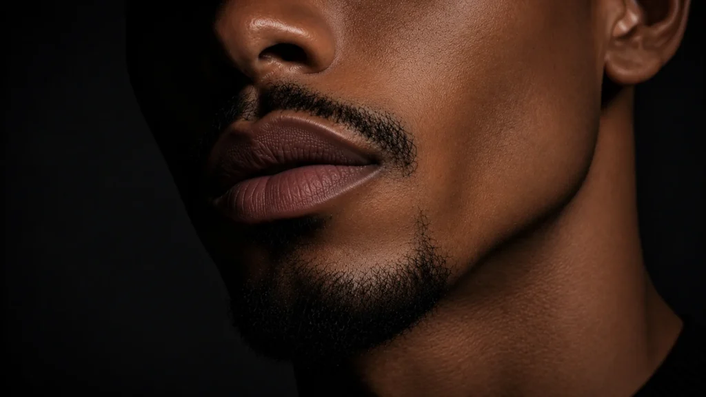 Close-up do rosto de um jovem negro com barba aparada e boca saudável, mostrando os resultados do uso do lip balm masculino de acabamento fosco.