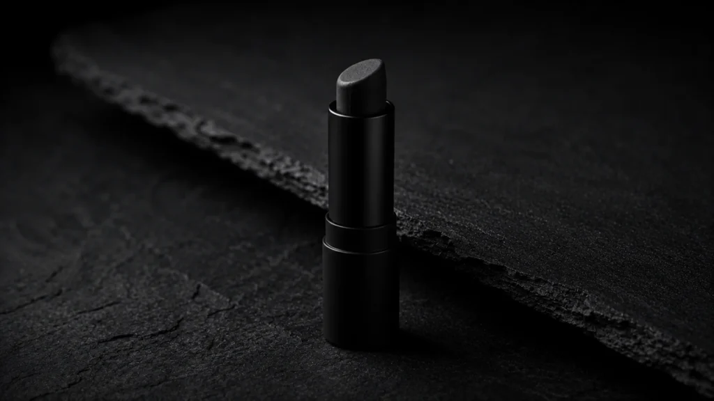 Bastão de protetor labial masculino sem rótulo em um ambiente escuro e minimalista, o escudo ideal contra o ressecamento da boca.