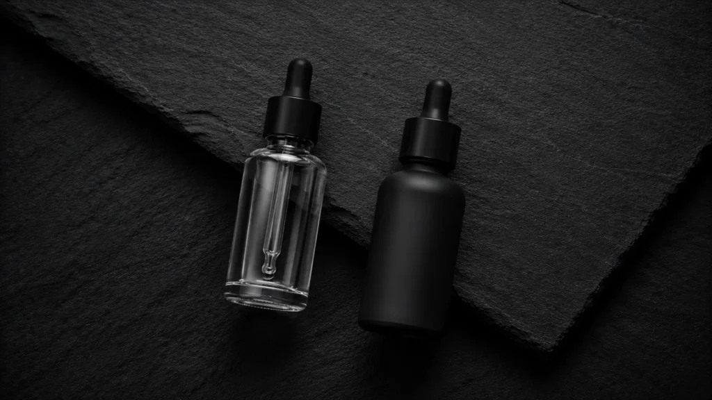 Dois frascos de sérum sem rótulo sobre fundo de pedra escura, representando o arsenal diurno e noturno contra manchas no rosto.