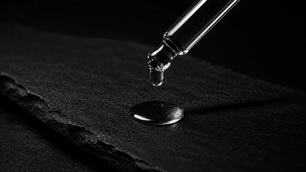 Gota de sérum clareador caindo de um conta-gotas em ambiente escuro e minimalista, simbolizando a precisão tática da vitamina C e do ácido glicólico.